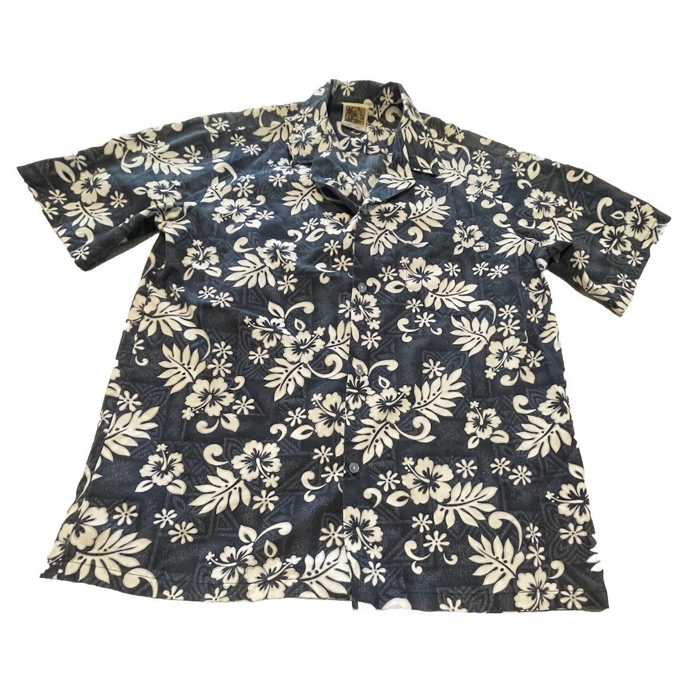 Men's Hawaiian Shirt XL Blue Aloha Luau Tropical Leaves Made In Hawaii